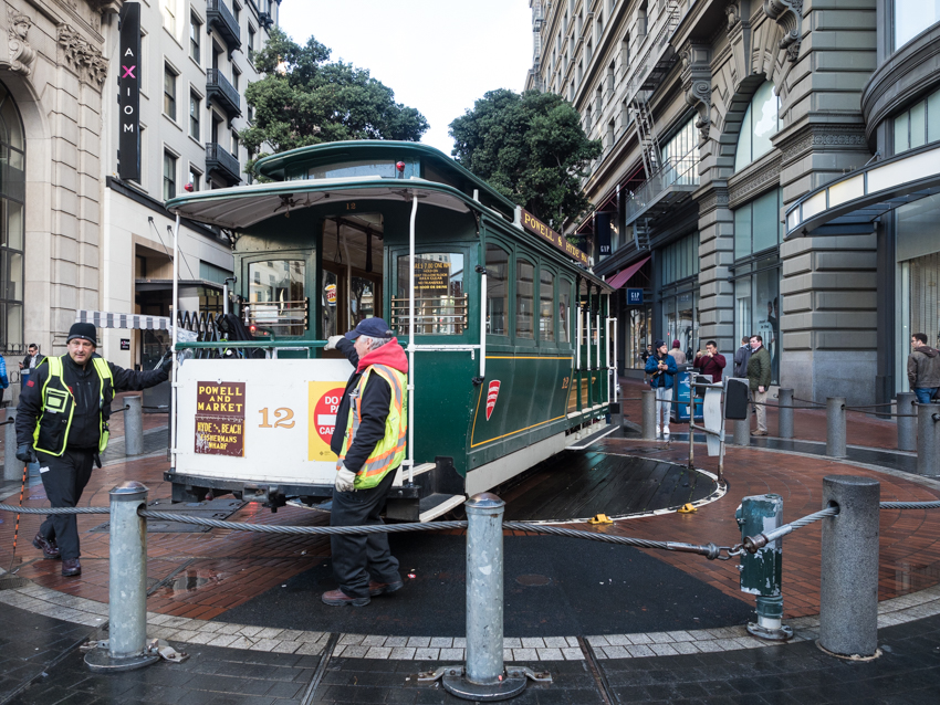 San Francisco turning around the cable car at Powell and Market